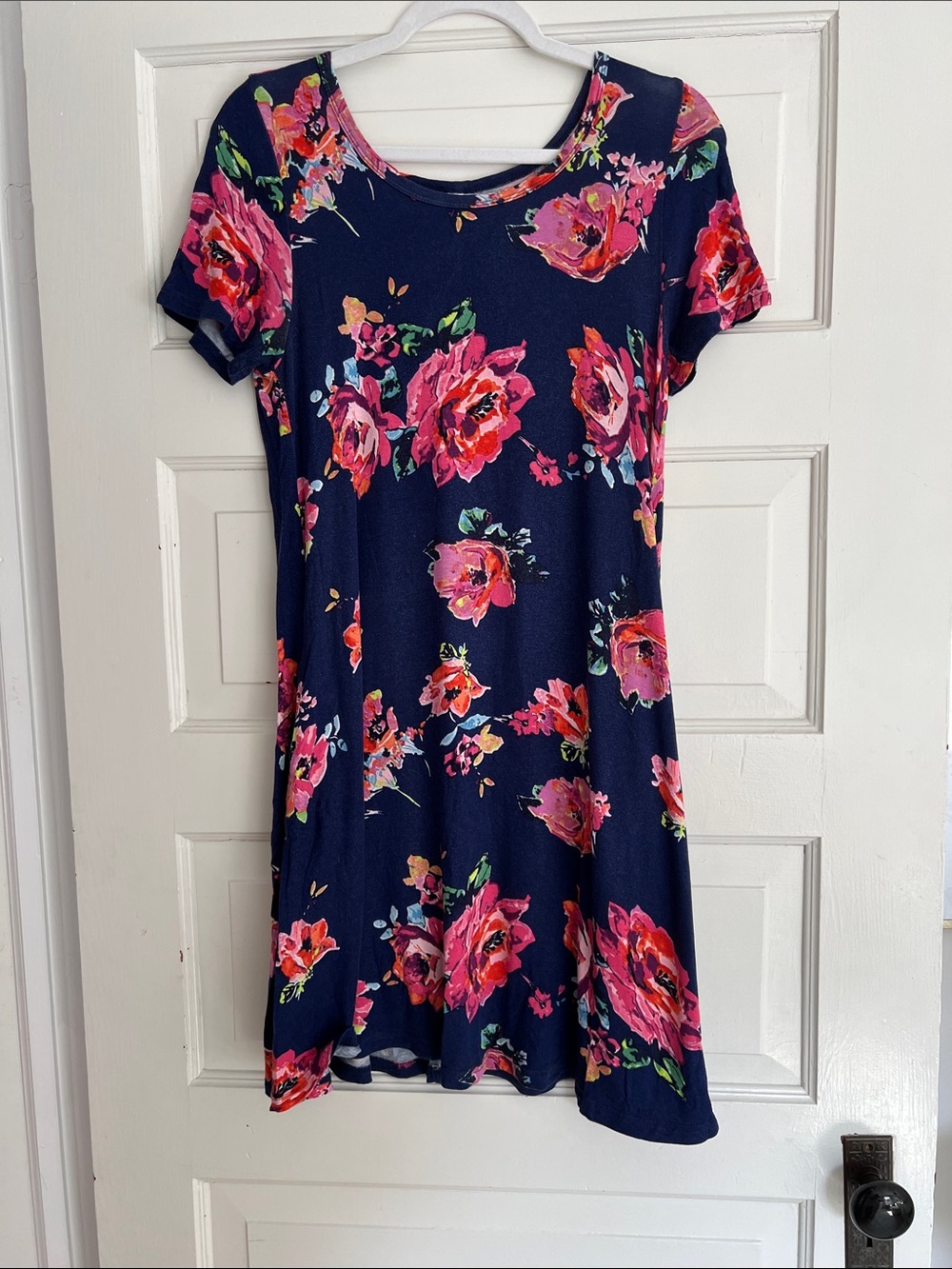 Navy Floral Short Sleeve A-Line Dress
